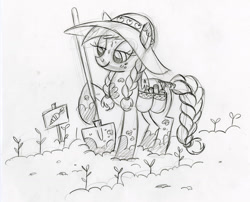 Size: 900x726 | Tagged: safe, artist:lauren faust, applejack, earth pony, pony, alternate hairstyle, behind the scenes, braid, braided tail, color me, concept art, female, gardening, hat, lineart, mare, monochrome, shovel, sketch, solo, sweat