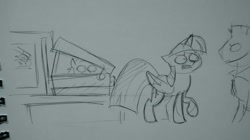 Size: 1280x719 | Tagged: safe, artist:egophiliac, derpibooru import, trixie, twilight sparkle, twilight sparkle (alicorn), alicorn, pony, airport security, female, inconvenient trixie, mare, monochrome, sketch, suitcase, traditional art, woonoggles