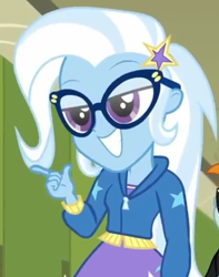 Size: 386x489 | Tagged: safe, derpibooru import, screencap, trixie, best trends forever, best trends forever: twilight sparkle, better together, equestria girls, bedroom eyes, clothes, cropped, dork, glasses, jacket, looking at you, stars, the great and nerdy trixie