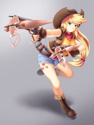 Size: 600x800 | Tagged: safe, artist:yatonokami, applejack, human, 2010s, 2012, apple, archer, belt, blonde hair, boots, clothes, commission, cowboy boots, cowboy hat, cowgirl, crossbow, denim shorts, fantasy class, female, fingerless gloves, food, freckles, gloves, gradient background, green eyes, happy, hat, humanized, ponytail, shoes, shorts, smiling, solo, tomboy, weapon, wip