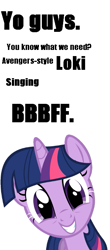 Size: 305x691 | Tagged: safe, derpibooru import, twilight sparkle, avengers, exploitable meme, loki, make it happen, meta, text