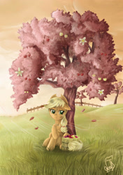 Size: 2267x3216 | Tagged: safe, artist:cainescroll, applejack, earth pony, pony, the last roundup, bucket, cherry, cherry blossoms, cherry tree, female, floppy ears, flower, flower blossom, high res, homesick, mare, sitting, solo, tree, wind, yellow cherry