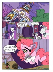 Size: 1000x1377 | Tagged: safe, artist:mohawkrex, artist:whysoseriouss, opalescence, pinkie pie, rarity, earth pony, pony, unicorn, comic:a piece of pie, carousel boutique, comic, eyepatch, female, golden pie, goldeneye, mare, sitting