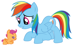 Size: 4800x3000 | Tagged: safe, artist:beavernator, rainbow dash, scootaloo, pegasus, pony, baby, baby pony, baby scootaloo, duo, female, foal, love, mare, momma dash, prone, scootalove, simple background, white background