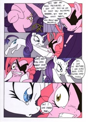 Size: 1000x1377 | Tagged: safe, artist:mohawkrex, artist:whysoseriouss, pinkie pie, rarity, earth pony, pony, unicorn, comic:a piece of pie, comic, duo, eyepatch, female, golden pie, goldeneye, mare