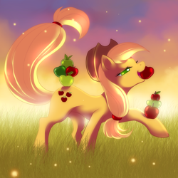 Size: 900x900 | Tagged: safe, artist:jacky-bunny, applejack, earth pony, pony, apple, balancing, colored pupils, female, grass, lidded eyes, mare, mouth hold, solo, that pony sure does love apples