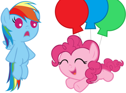 Size: 5000x3680 | Tagged: safe, artist:beavernator, pinkie pie, rainbow dash, earth pony, pegasus, pony, baby, baby dash, baby pie, baby pony, balloon, duo, female, filly, flying, foal, simple background, then watch her balloons lift her up to the sky, white background