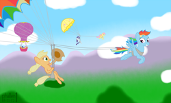 Size: 1260x756 | Tagged: safe, artist:phallen1, derpibooru import, applejack, fluttershy, pinkie pie, rainbow dash, rarity, twilight sparkle, earth pony, pegasus, pony, unicorn, flying, hot air balloon, parasailing, twinkling balloon