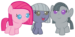 Size: 4800x2400 | Tagged: safe, artist:beavernator, edit, limestone pie, marble pie, pinkie pie, earth pony, pony, alternate design, baby, baby pie, baby pony, female, filly, foal, looking at you, open mouth, pie sisters, pinkamena diane pie, siblings, simple background, smiling, speculation, white background