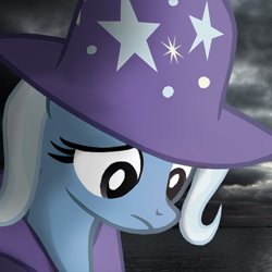 Size: 500x500 | Tagged: safe, artist:naijiwizard, derpibooru import, trixie, unicorn, avatar, close-up, cloud, dim, female, head only, looking down, ocean, photoshop, sad