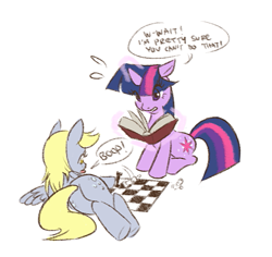 Size: 573x541 | Tagged: safe, artist:chien, derpibooru import, derpy hooves, twilight sparkle, pegasus, pony, boop, chess, female, floppy ears, lesbian, magic, mare, on side, pixiv, plot, reading, shipping, sitting, spread wings, sweat, telekinesis, twerpy