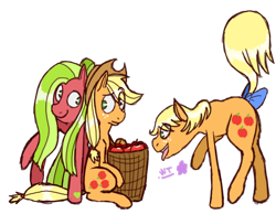 Size: 580x450 | Tagged: safe, artist:wolfytails, applejack, applejack (g1), applejack (g3), earth pony, pony, g1, g3, bow, female, g1 to g4, g3 to g4, generation leap, mare, no pupils, simple background, sitting, tail bow, transparent background