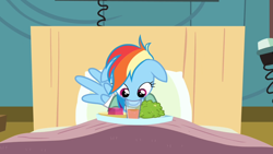 Size: 1600x900 | Tagged: safe, screencap, rainbow dash, pegasus, pony, read it and weep, bed, cute, dashabetes, drinking, eating, female, floppy ears, foomp, glass, horse problems, hospital, mare, solo