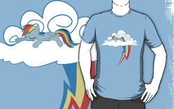 Size: 556x350 | Tagged: safe, artist:animayhem, rainbow dash, pegasus, pony, animayhem, clothes, cloud, cutie mark, eyes closed, female, hooves, lying on a cloud, mare, on a cloud, prone, redbubble, shirt, wings