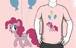 Size: 556x350 | Tagged: safe, artist:animayhem, pinkie pie, earth pony, pony, animayhem, balloon, clothes, cutie mark, female, mare, redbubble, shirt, then watch her balloons lift her up to the sky