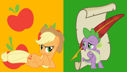 Size: 1920x1080 | Tagged: safe, artist:blackgryph0n, artist:neodarkwing, artist:nyax, artist:speedingturtle, artist:zutheskunk edits, edit, applejack, spike, dragon, earth pony, pony, applespike, cutie mark background, female, male, mare, prone, shipping, straight, wallpaper, wallpaper edit