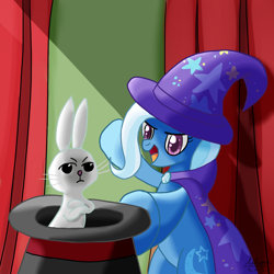 Size: 1000x1000 | Tagged: safe, artist:ailynd, derpibooru import, angel bunny, trixie, bunny out of the hat, hat, magic trick, top hat