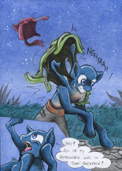 Size: 850x1186 | Tagged: safe, artist:chocolatechilla, princess luna, alicorn, pony, backpack, body horror, comic, fear, human to pony, night, ripping clothes, rule 63, traditional art, transformation, transformation sequence, transgender transformation, were-pony, wings