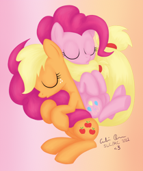 Size: 998x1196 | Tagged: safe, artist:stupidlittlecreature, applejack, pinkie pie, earth pony, pony, applepie, female, gradient background, hug, lesbian, mare, on back, on side, shipping, sleeping, tail hug