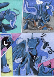 Size: 850x1212 | Tagged: safe, artist:chocolatechilla, princess luna, alicorn, pony, comic, crown, cutie mark magic, fabulous, horn, human to pony, night, ripped pants, rule 63, traditional art, transformation, transformation sequence, transgender transformation, were-pony