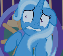 Size: 1038x929 | Tagged: safe, derpibooru import, screencap, trixie, pony, unicorn, to where and back again, cropped, female, floppy ears, lip bite, mare, reaction image, scared, shrunken pupils, solo, trixie's wagon