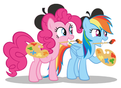 Size: 10000x7269 | Tagged: safe, artist:gratlofatic, pinkie pie, rainbow dash, earth pony, pegasus, pony, griffon the brush off, absurd resolution, artist, brush, duo, female, mare, mouth hold, paintbrush, painting, palette, simple background, transparent background, vector