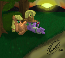 Size: 900x800 | Tagged: safe, artist:texek, applejack, spike, dragon, earth pony, pony, apple, applespike, female, food, grass, male, mare, on back, prone, shipping, straight, sunset, tree