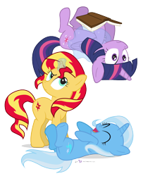 Size: 900x1110 | Tagged: safe, artist:dm29, derpibooru import, sunset shimmer, trixie, twilight sparkle, twilight sparkle (alicorn), alicorn, pony, unicorn, book, counterparts, laughing, levitation, magic, magical trio, on back, simple background, transparent background, trio, twilight's counterparts, upside down