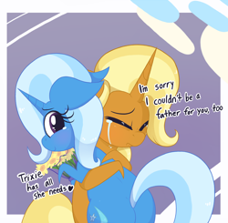 Size: 1662x1629 | Tagged: safe, artist:dragonpone, derpibooru exclusive, derpibooru import, sunflower spectacle, trixie, pony, unicorn, bouquet, crying, cute, daughter, dialogue, diatrixes, duo, duo female, eyes closed, feels, female, floppy ears, flower, heart, hug, like mother like daughter, looking back, mare, mother, mother and child, mother and daughter, mother's day, parent and child, sad, smiling, sunflower, teary eyes