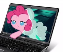 Size: 2400x2000 | Tagged: safe, artist:beavernator, pinkie pie, earth pony, pony, baby, baby pie, baby pony, computer, female, filly, foal, fourth wall, high res, laptop computer, solo, toshiba