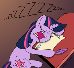 Size: 1280x1176 | Tagged: safe, artist:sketchinetch, derpibooru import, twilight sparkle, unicorn twilight, pony, unicorn, drool, eyes closed, female, letter, mare, open mouth, quill, sleeping, zzz