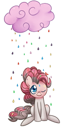 Size: 473x956 | Tagged: safe, artist:solar-slash, pinkie pie, earth pony, pony, cloud, female, mare, one eye closed, rain, simple background, sitting, smiling, solo, transparent background