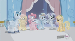 Size: 845x463 | Tagged: safe, screencap, applejack, fluttershy, pinkie pie, rainbow dash, rarity, shining armor, crystal pony, earth pony, pegasus, pony, unicorn, the crystal empire, spoiler:s03, balcony, crystal castle, crystal empire, crystallized, female, male, mare, stallion