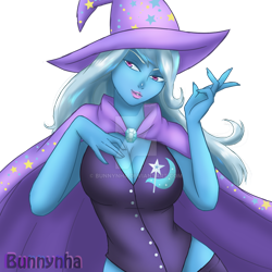 Size: 1024x1024 | Tagged: safe, artist:bunnynha, derpibooru import, trixie, human, breasts, cape, cleavage, clothes, female, hat, humanized, leotard, lipstick, pink lipstick, pony coloring, signature, simple background, solo, titsie, transparent background, trixie's cape, trixie's hat, watermark