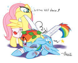 Size: 744x608 | Tagged: safe, artist:0r0ch1, fluttershy, rainbow dash, pegasus, pony, bandage, blood, blushing, broken tail, bruised, dizzy, duo, female, filly, first aid, foal, injured, mouth hold, one eye closed, prone, rainbow crash, saddle bag, simple background, splint, tail wrap, white background, worried