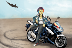 Size: 2400x1600 | Tagged: safe, artist:scorpiordinance, rainbow dash, human, clothes, female, humanized, jacket, jet, leaning, motorcycle, solo