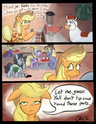 Size: 516x666 | Tagged: safe, artist:obsequiosity, applejack, jet set, lyrica lilac, ponet, primrose, cow, earth pony, pony, sea pony, unicorn, accent, background pony, cafe, comic, cow tipping, female, greatest internet moments, male, mare, pun, shocked, spill, spilled drink, stallion, stealth pun, tipping, y'all