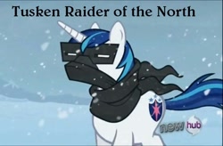 Size: 600x394 | Tagged: safe, screencap, shining armor, pony, unicorn, the crystal empire, hub logo, snow goggles, star wars, text