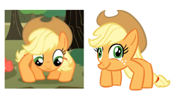 Size: 756x434 | Tagged: safe, edit, edited screencap, screencap, applejack, earth pony, pony, the return of harmony, cannot unsee, comparison, crab pony, crabjack, female, mare, ponibooru, solo, spiderjack