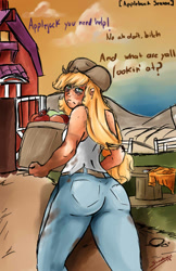 Size: 648x1000 | Tagged: safe, artist:sundown, applejack, human, applebuck season, annoyed, applebucking thighs, bags under eyes, barn, clothes, dirty, female, humanized, jeans, looking at you, pants, rear view, solo, tanktop, tired