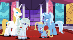 Size: 1024x562 | Tagged: safe, artist:lavaroses, derpibooru import, prince blueblood, trixie, pony, bluetrix, family, female, male, offspring, parent:prince blueblood, parent:trixie, parents:bluetrix, shipping, straight