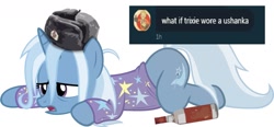 Size: 1280x594 | Tagged: safe, artist:naijiwizard, derpibooru import, trixie, pony, unicorn, alcohol, cyrillic, drunk, hat, lying, meme, meta, russian, simple background, solo, stereotype, the great and alcoholics trixie, twitter, ushanka, vodka, white background