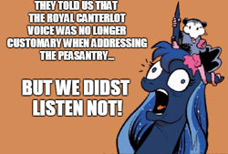 Size: 490x332 | Tagged: safe, idw, princess luna, tiberius, alicorn, pony, spoiler:comicm10, derp, exploitable meme, i didn't listen, image macro, meme, open mouth, tongue out, ye olde butcherede englishe