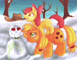 Size: 3300x2550 | Tagged: safe, artist:jabbym, apple bloom, applejack, earth pony, pony, apple, apple sisters, duo, female, filly, foal, hat, high res, mare, mouth hold, ponies riding ponies, siblings, sisters, snow, snowman