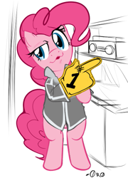 Size: 449x623 | Tagged: safe, artist:0r0ch1, pinkie pie, earth pony, pony, american psycho, bipedal, check em, christian bale, crossover, female, foam finger, huey lewis and the news, mare, meme, parody, patrick bateman, solo