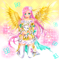 Size: 1024x1016 | Tagged: safe, artist:lapia, artist:rurutia8, angel bunny, fluttershy, human, clothes, dress, humanized, light skin, thigh highs, winged humanization