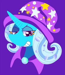 Size: 1000x1149 | Tagged: safe, artist:troola, derpibooru import, trixie, pony, unicorn, bust, female, grin, lidded eyes, looking at you, mare, portrait, simple background, smiling, solo