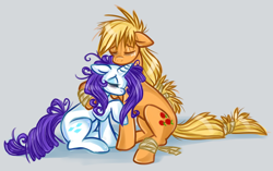 Size: 1450x908 | Tagged: safe, artist:noth-chan, applejack, rarity, earth pony, pony, unicorn, bandage, eyes closed, female, floppy ears, hug, lesbian, mare, messy mane, rarijack, shipping, sitting