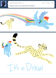 Size: 650x900 | Tagged: dead source, safe, artist:cartoonlion, rainbow dash, cheetah, pegasus, pony, ask, female, flying, mare, no pupils, running, simple background, white background