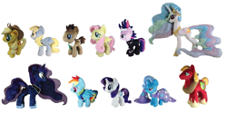 Size: 1555x784 | Tagged: safe, derpibooru import, applejack, big macintosh, derpy hooves, doctor whooves, fluttershy, princess celestia, princess luna, rainbow dash, rarity, trixie, twilight sparkle, earth pony, pony, 4de, irl, male, photo, plushie, stallion, twilight sparkle plushie